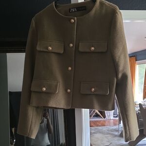 Zara Women's Khaki Blazer with Gold Buttons